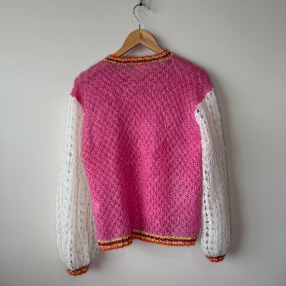 Rose Carmine Sweater Pink White Balloon Sleeves Oversized Fit - Picture 5 of 9